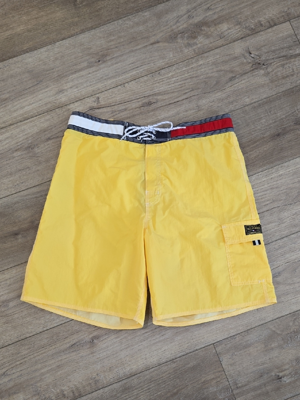 Retro 90's Tommy Hilfiger Yellow Swim Board Shorts with Contrast Waistband